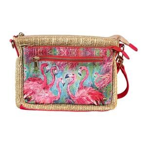 Leoma Lovegrove Flamingo Straw Wristlet Bag Pink Trim Tropical Art Purse EUC